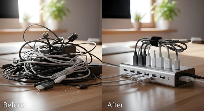 Organized vs Messy Cables: Before and After Desk Organization, Technology Clutter Solution