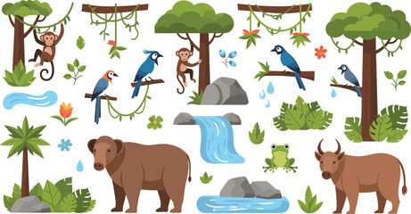 Fototapeta premium Jungle animals and tropical forest vector illustration set with monkeys, birds, bear, deer, waterfall and lush plants, wildlife nature collection design
