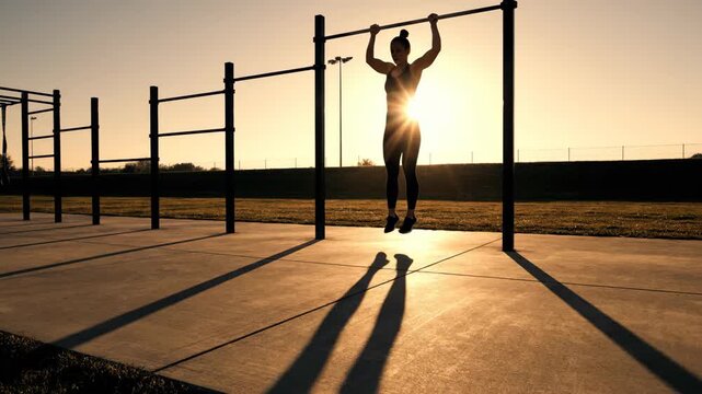 A silhouetted woman performs pull-ups on an outdoor bar, dramatically backlit by the golden sunset, casting a long shadow.