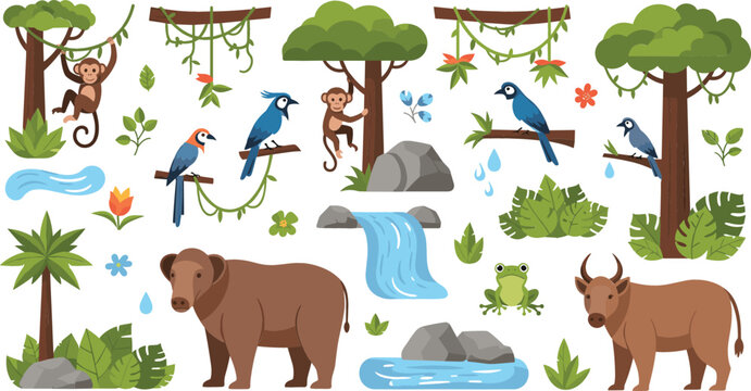 Jungle animals and tropical forest vector illustration set with monkeys, birds, bear, deer, waterfall and lush plants, wildlife nature collection design