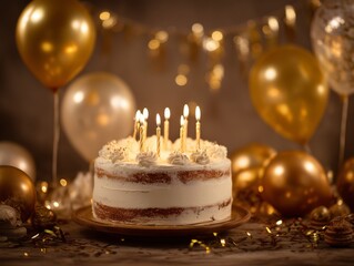 Naklejka premium Celebration With Cake, Balloons, and Lights During a Birthday Party in a Festive Setting