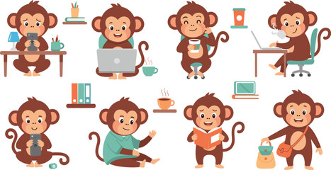 Cute monkey characters working, studying and relaxing at home vector illustration set with laptop, coffee, reading and daily lifestyle activities collection © Jahangir
