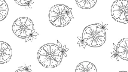 Fototapeta premium Elegant seamless monochrome line art pattern showcasing delicate citrus slices adorned with small blossoms, perfect for sophisticated botanical themes.