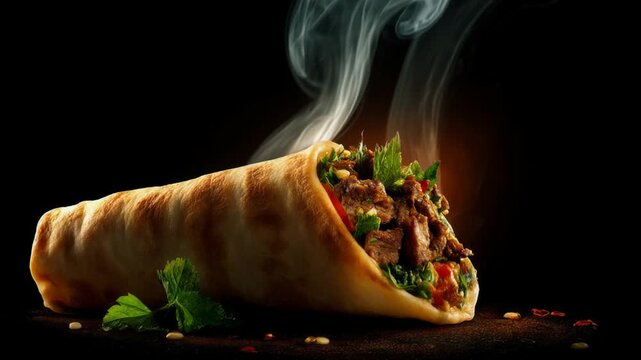 Delicious shawarma wrap with steaming meat and fresh herbs, presented dramatically