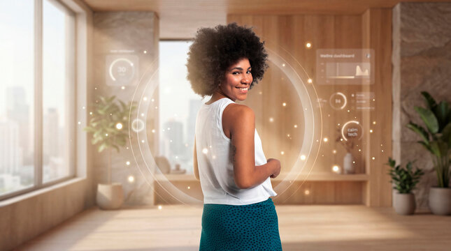 Serene woman with afro interacting with ambient data halo interface in mindful tech space