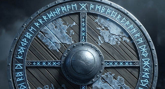 Close-up Detail of a Viking Shield with Carved Runes and Metal Boss, Weathered Wood Texture with Blue Glowing Nordic Symbols, Mythological Warrior Armor for Fantasy Concept