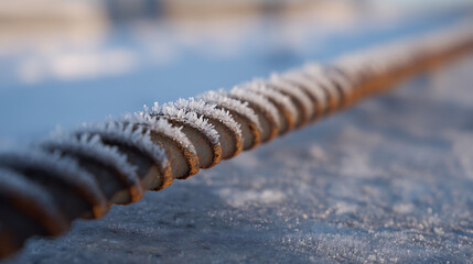 Close up view of a rusty metal cable covered in sparkling white frost, lying on a frozen surface under soft winter sunlight, evoke cold winter morning