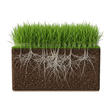 A close-up view of the layers of soil and grass roots beneath the surface