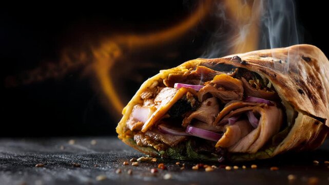 Delicious hot doner kebab with smoke and flames in the background, close-up shot