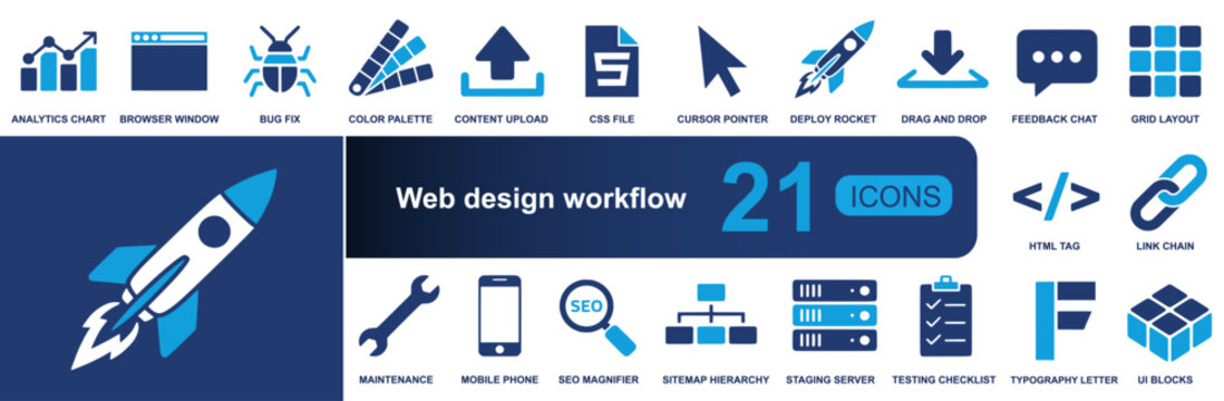 Web design workflow icon set. Containing browser, bug fix, CSS, cursor, deploy, drag and drop, SEO, sitemap, server, testing, UI blocks and more. Solid fill vector icons collection.