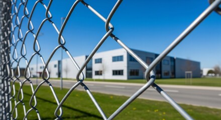 Fototapeta premium Chain-link fence in foreground with blurred modern industrial building, road, and green grass under a clear blue sky on a sunny day