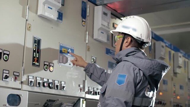 Power plant worker in hard hat presses buttons on high voltage shield