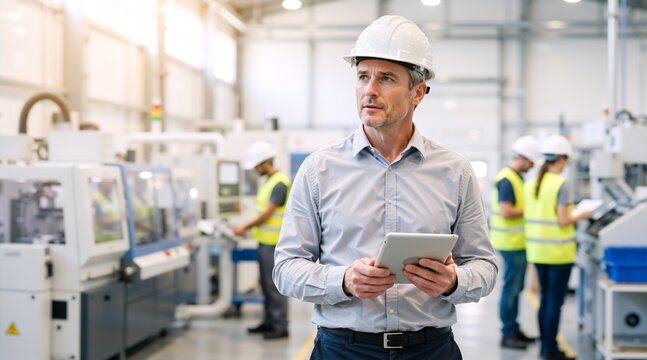 Male engineering manager with a tablet inspecting a modern manufacturing plant. Professional industrial supervisor in a hard hat working on the factory floor