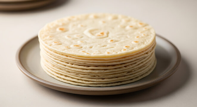 Stack of freshly cooked soft Indian rotis or chapatis served on a ceramic plate. Traditional whole wheat unleavened flatbread, daily staple food of India and South Asia isolated on white.