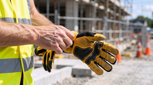 Construction worker putting on protective work gloves. Close up of hands with safety vest at building site. Personal protective equipment concept