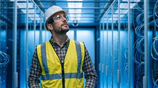 IT technician in white hard hat inspecting server room in data center. Professional engineer standing in high tech corridor with blue lighting. Network infrastructure and cloud computing concept