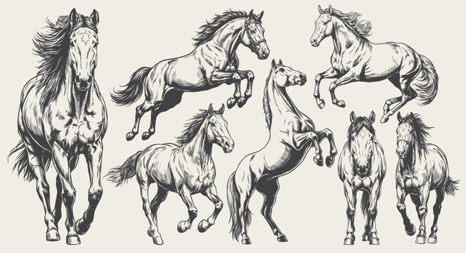 Hand drawn horses in dynamic running and jumping poses illustrated in detailed vintage engraving line art. Suitable for equestrian themes, animal design, sports graphics, and farm-related projects.