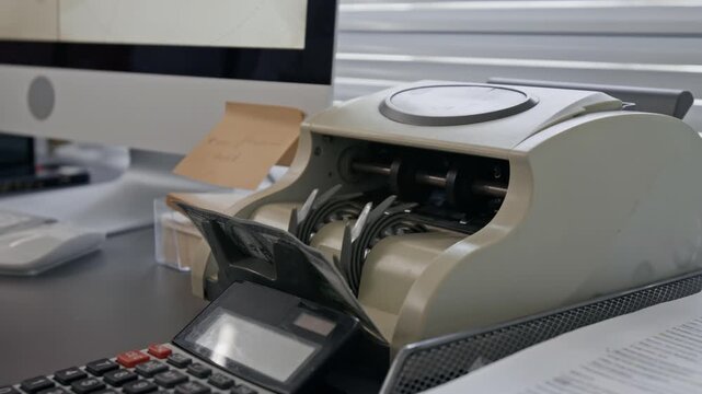 Close up shot of unrecognizable hand placing stack of hundred-dollar bills into machine bill counter in bank office