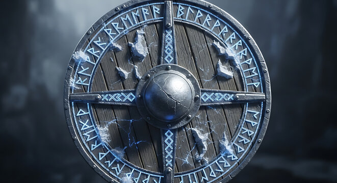 Ancient Viking Shield with Glowing Blue Runes and Frozen Texture, Mythical Nordic Warrior Protection with Iron and Wood, Ethereal Light Shining Through Ancient Nordic Symbols, Fantasy War Art