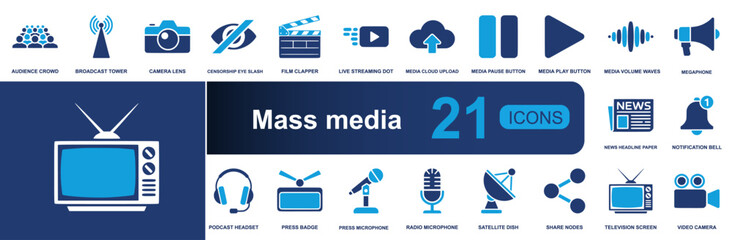 Mass media icon set. Containing broadcast, camera, streaming, cloud upload, play, volume, megaphone, news, podcast, microphone, satellite, television and more. Solid vector icons collection. © Mellisa