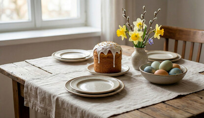 Fototapeta premium Traditional easter cake and colored eggs on a rustic table with flowers.