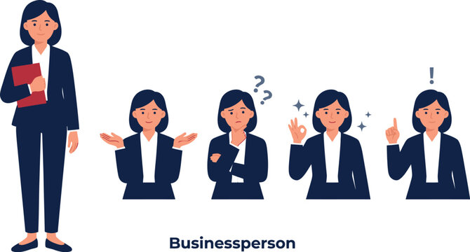 Businesswoman character pose and emotion set for corporate presentations explainer videos and professional communication design assets
