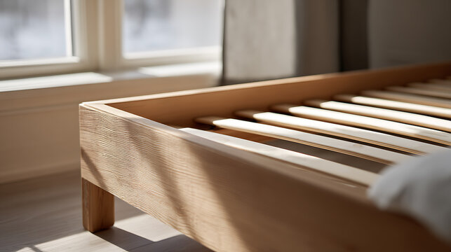 Minimalist wooden bed frame with slat base bathed in warm sunlight near a window, showcasing natural light and cozy home interior