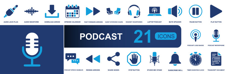 Podcast icon set. Containing audio jack, waveform, download, episode calendar, headphones, microphone, speaker, transcript, subscribe bell, timer and more. Solid vector icons collection. © Mellisa