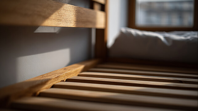 Warm sunlight illuminates an empty wooden bed frame or bunk bed slats, highlighting natural textures and inviting a sense of calm and rustic charm