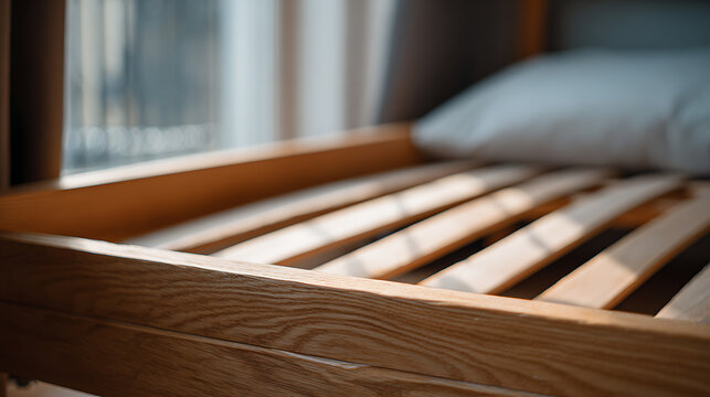 Sunlight filter on an empty pine wood modern bed frame with slats near a window, showcasing warm natural tones and minimalist bedroom design