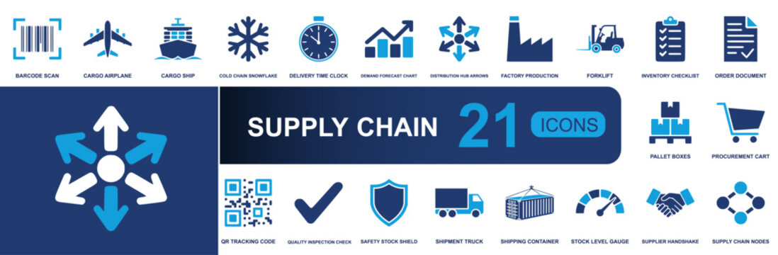 Supply chain icon set. Containing barcode, cargo, cold chain, delivery, factory, forklift, shipment, inventory, container, procurement and more. Solid fill vector icons collection.