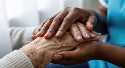 Fototapeta premium Close up of young person holding elderly hand with care and compassion. Concept of family support caregiving and emotional connection.