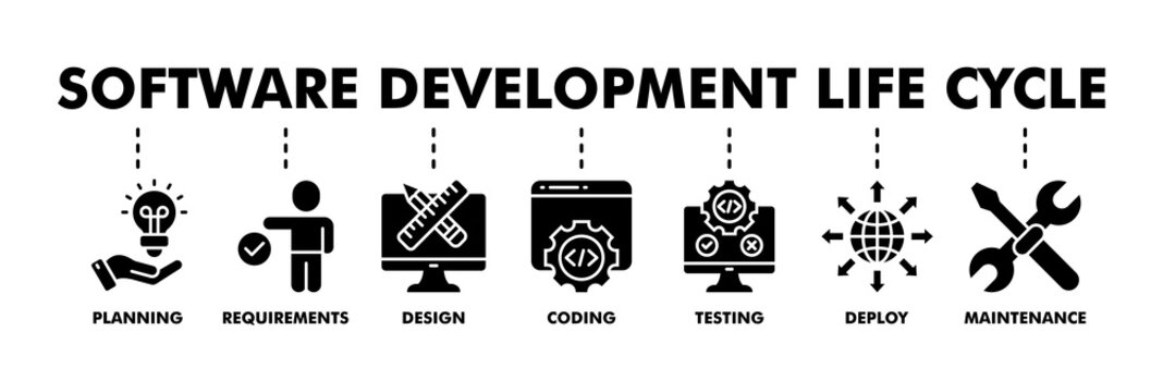 Software development life cycle banner web glyph vector illustration concept of sdlc with icon of planning, requirements, design, coding, testing, deploy and maintenance