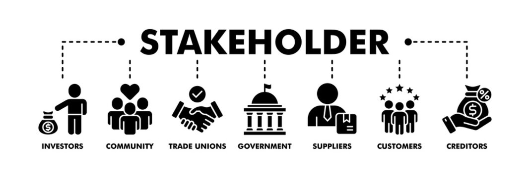 Stakeholder relationship banner web glyph vector illustration concept for stakeholder, investor, government, and creditors with icon of community, trade unions, suppliers, and customers