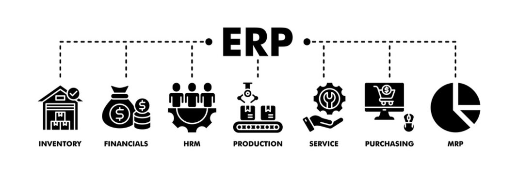 ERP banner web glyph vector illustration concept for enterprise resource planning with icon of inventory, financials, hrm, production, service, purchasing, and mrp