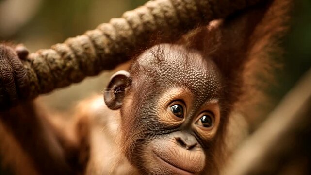 Young orangutan hanging from a tree branch, curious gaze