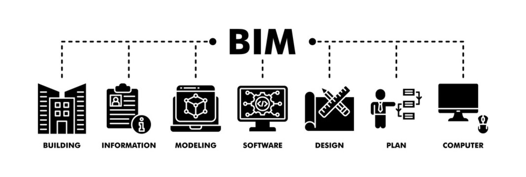 BIM banner web glyph vector illustration concept for building information modeling with icon of building, information, modeling, software, design, plan, and computer