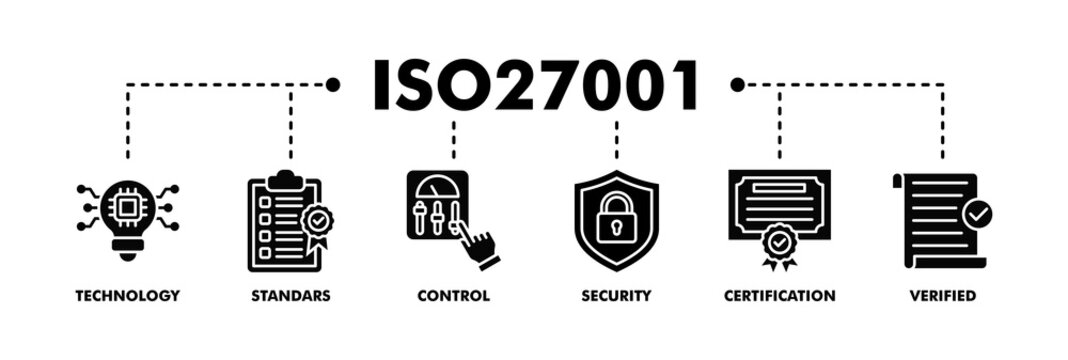 ISO27001 banner web glyph vector illustration concept for  information security management system (ISMS) with an icon of technology, standards, control, security, certification, and verified