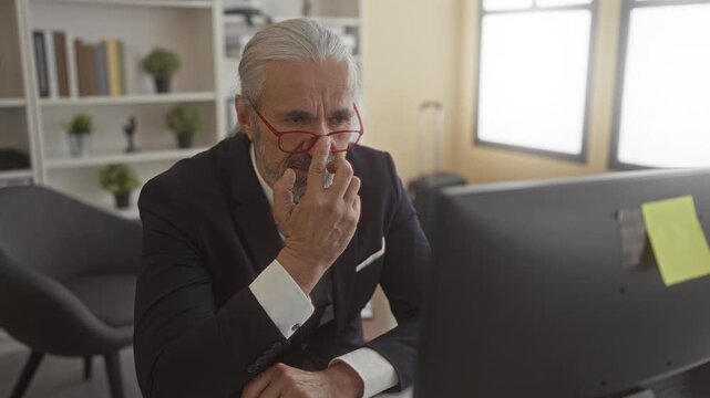 Man with white hair and red glasses in suit pinches bridge of nose at desk in office building while staring at monitor and briefcase; stress concentration.
