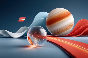 Fototapeta premium Futuristic abstract scene with blue planet, glass sphere, and flowing orange ribbons