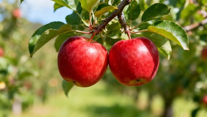 Obraz premium Two red apples hanging from a tree branch