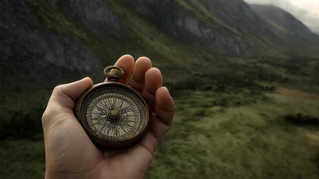 Holding an antique brass compass in hand over a vast, green mountain valley landscape