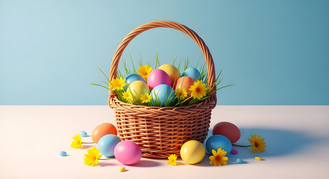 Easter basket filled with colorful eggs and flowers on a pastel background