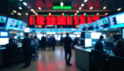 Naklejka premium Blurry motion of traders working in a busy stock exchange with digital displays