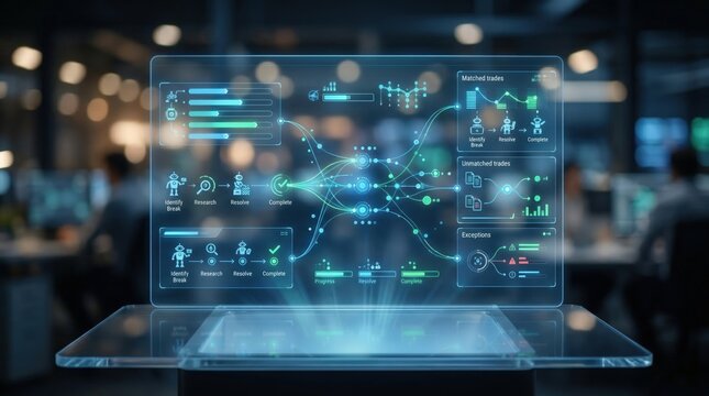 Medium shot of a virtual dashboard displaying bots managing trade break reconciliations with a blurred background emphasizing automated processing efficiency.
