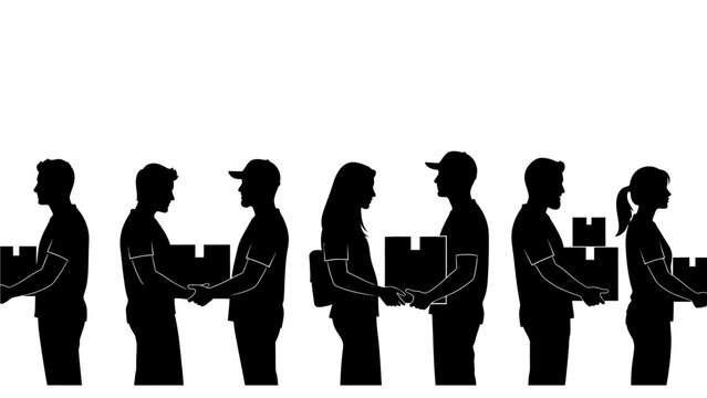 Silhouettes of people carrying boxes, delivery workers, cargo handlers, logistics icons, black vector graphics