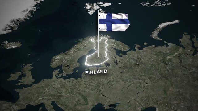 Finland Glowing Border Map Animation with 3D Waving of Finland National Flag on World Map