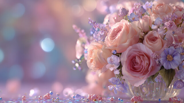 Mothers Day, Valentines Day, love holiday theme. A vibrant bouquet of pink roses and purple flowers in a clear glass vase, set against a blurred bokeh background. The roses have a soft pink hue.