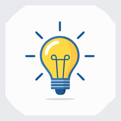Fototapeta premium A bright yellow lightbulb with blue lines radiating from it is centered on a white background.