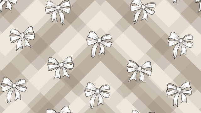 Sophisticated seamless pattern combines white hand-drawn bows with a muted beige and tan chevron background for a classic textile design look.